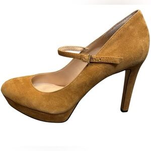 VINCE CAMUTO JOSHLYNN Tan Suede Mary Jane Platform Pumps Leather Heels EUC